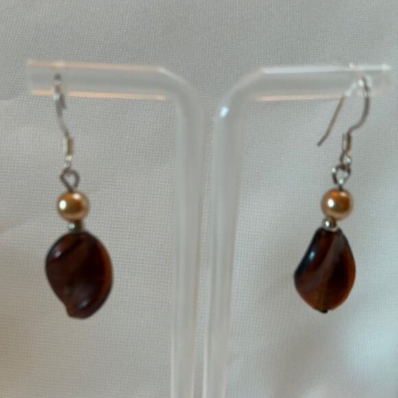 Earrings - dangling silver tone with brown bead and tan faux pearl. - Picture 1 of 3